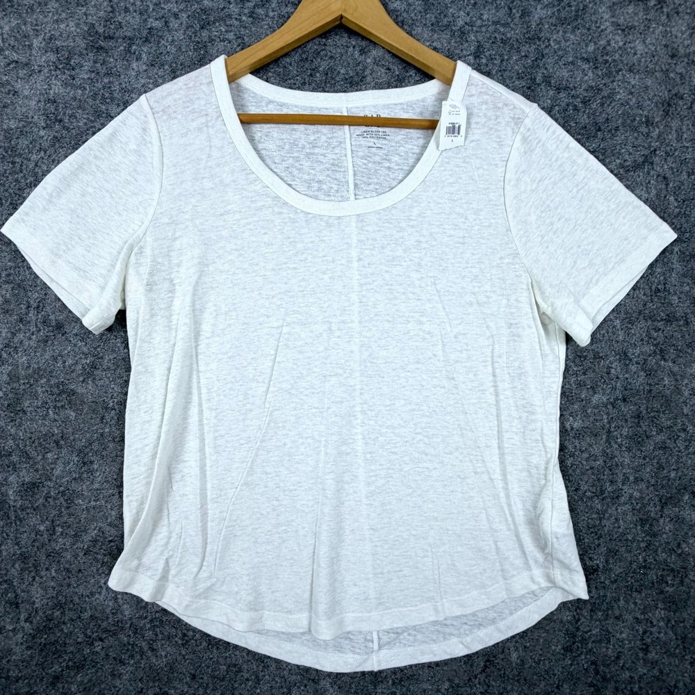 Gap T-Shirt Women Large White Basic Linen Blend Burnout Short Sleeve Scoop Neck